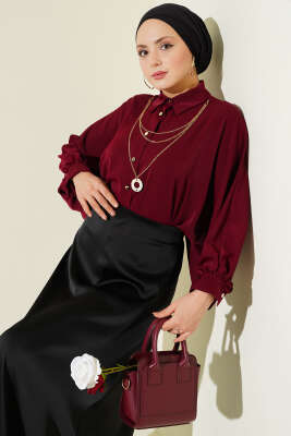 Yarasa Kol Kolyeli Oversize Gömlek Bordo - Gömlek