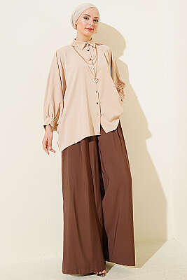 Yarasa Kol Kolyeli Oversize Gömlek Camel - Gömlek