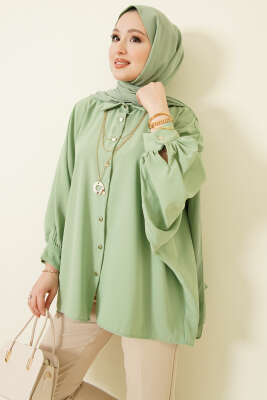 Yarasa Kol Kolyeli Oversize Gömlek Fıstık Yeşili - HELLIE