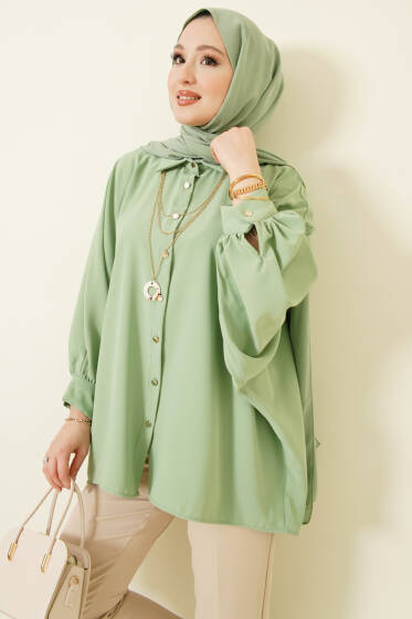 Yarasa Kol Kolyeli Oversize Gömlek Fıstık Yeşili - Gömlek
