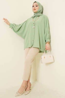 Yarasa Kol Kolyeli Oversize Gömlek Fıstık Yeşili - Gömlek