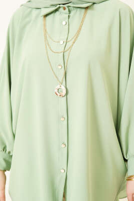 Yarasa Kol Kolyeli Oversize Gömlek Fıstık Yeşili - Gömlek