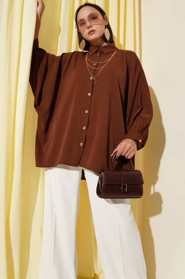 Yarasa Kol Kolyeli Oversize Gömlek Kahve - Gömlek