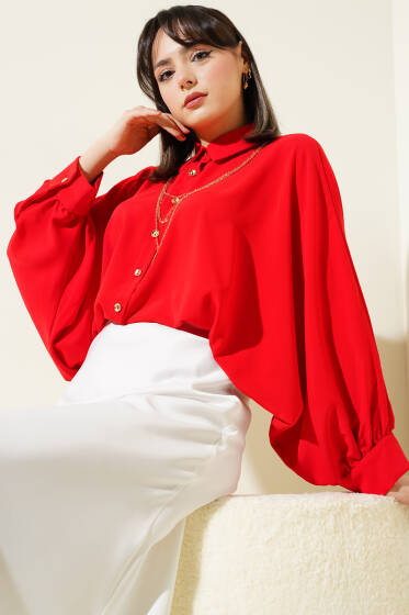 Yarasa Kol Kolyeli Oversize Gömlek Kırmızı - Gömlek