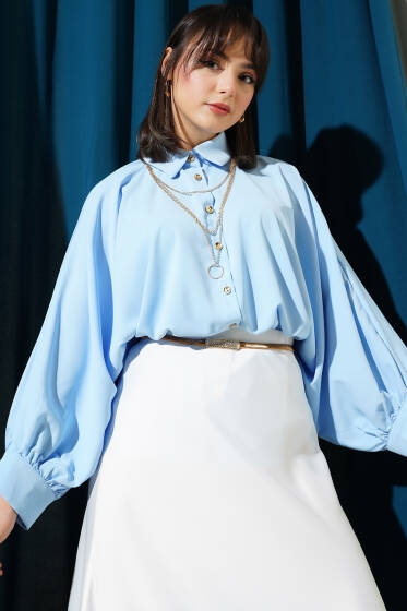 Yarasa Kol Kolyeli Oversize Gömlek Mavi - Gömlek