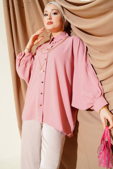 Yarasa Kol Kolyeli Oversize Gömlek Pudra - 500-700 TL Ürünler