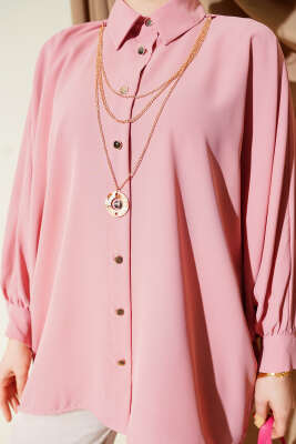 Yarasa Kol Kolyeli Oversize Gömlek Pudra - Gömlek