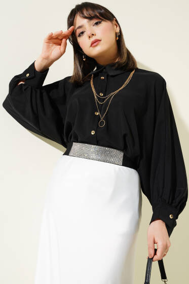 Yarasa Kol Kolyeli Oversize Gömlek Siyah - 500-700 TL Ürünler
