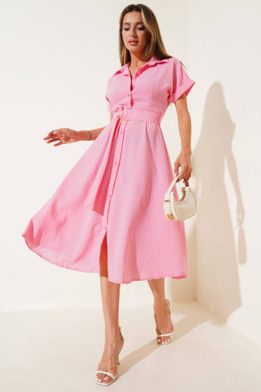 Yarasa Kol Kuşaklı Elbise Pembe - Kadın Giyim Modelleri