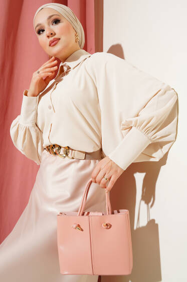 Yarasa Kol Ön Düğmeli Gömlek Bej - Gömlek