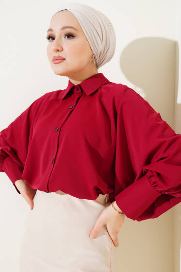 Yarasa Kol Ön Düğmeli Gömlek Bordo - Gömlek