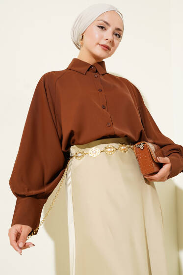 Yarasa Kol Ön Düğmeli Gömlek Kahve - Gömlek