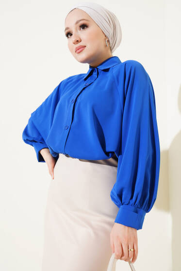 Yarasa Kol Ön Düğmeli Gömlek Saks - Gömlek