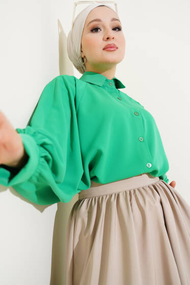 Yarasa Kol Ön Düğmeli Gömlek Yeşil - Gömlek