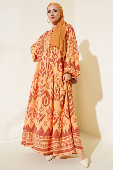 Yarasa Kol Önü Düğmeli Desenli Elbise Hardal - Elbise