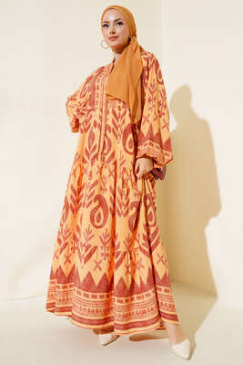 Yarasa Kol Önü Düğmeli Desenli Elbise Hardal 