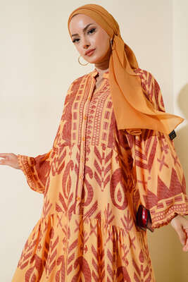 Yarasa Kol Önü Düğmeli Desenli Elbise Hardal - Tesettür Elbise