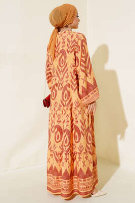 Yarasa Kol Önü Düğmeli Desenli Elbise Hardal - Tesettür Elbise