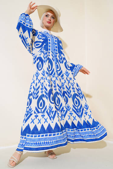 Yarasa Kol Önü Düğmeli Desenli Elbise Saks - Tesettür Elbise