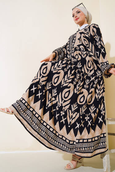 Yarasa Kol Önü Düğmeli Desenli Elbise Siyah - Tesettür Elbise