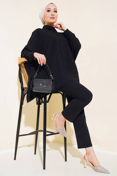 Yarasa Kol Önü Düğmeli İkili Takım Siyah - İkili Takım