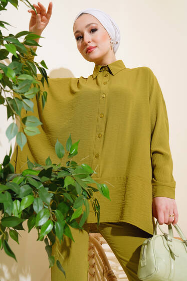 Yarasa Kol Önü Düğmeli İkili Takım Yağ Yeşili - İkili Takım