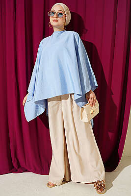 Yarasa Kol Oversize Bluz Mavi - Bluz