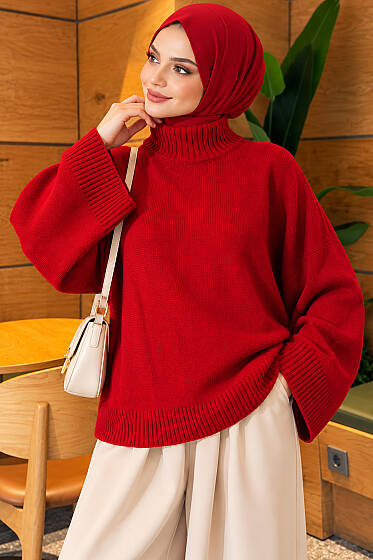 Yarasa Kol Oversize Triko Tunik Kırmızı - Tunik