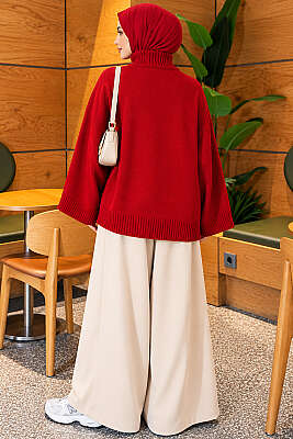 Yarasa Kol Oversize Triko Tunik Kırmızı - Tunik