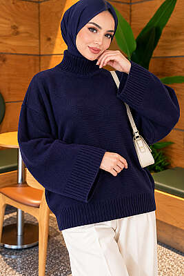 Yarasa Kol Oversize Triko Tunik Lacivert 