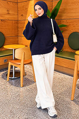 Yarasa Kol Oversize Triko Tunik Lacivert - Tunik