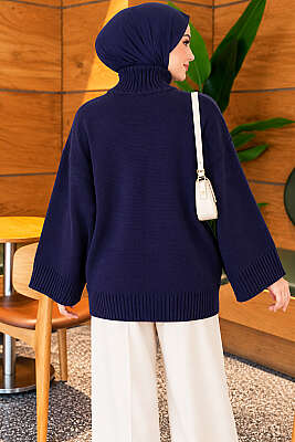 Yarasa Kol Oversize Triko Tunik Lacivert - Tunik