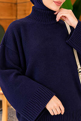 Yarasa Kol Oversize Triko Tunik Lacivert - Tunik