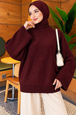 Yarasa Kol Oversize Triko Tunik Mürdüm 