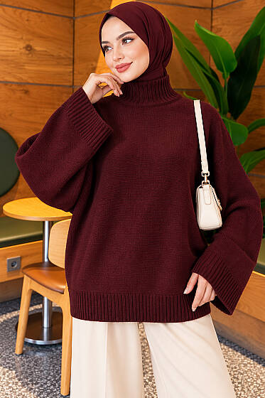Yarasa Kol Oversize Triko Tunik Mürdüm - Tunik