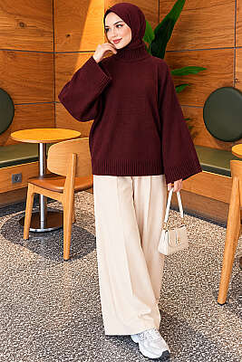 Yarasa Kol Oversize Triko Tunik Mürdüm - Tunik
