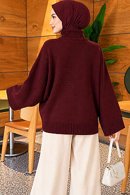 Yarasa Kol Oversize Triko Tunik Mürdüm - Tunik