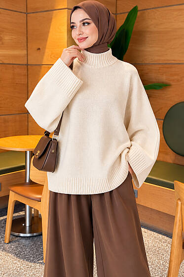 Yarasa Kol Oversize Triko Tunik Taş - Tunik