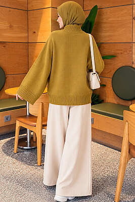 Yarasa Kol Oversize Triko Tunik Yağ Yeşili - Tunik