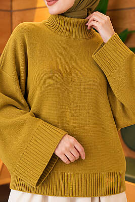 Yarasa Kol Oversize Triko Tunik Yağ Yeşili - Tunik