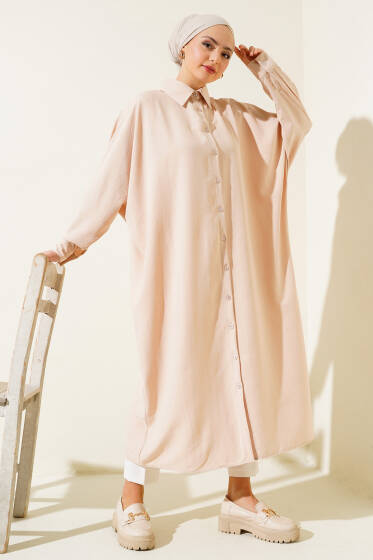 Yarasa Kol Oversize Uzun Gömlek Bej - Gömlek