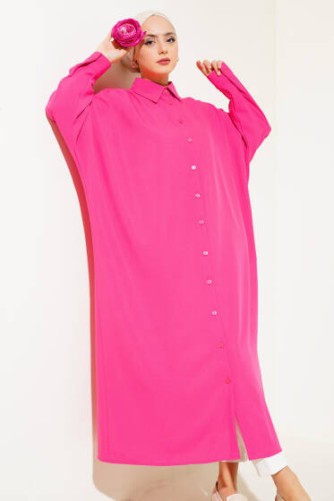 Yarasa Kol Oversize Uzun Gömlek Fuşya - Gömlek