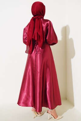 Yarasa Kol Saten Elbise Bordo - Tesettür Elbise