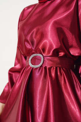 Yarasa Kol Saten Elbise Bordo - Tesettür Elbise