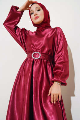 Yarasa Kol Saten Elbise Bordo - Tesettür Elbise