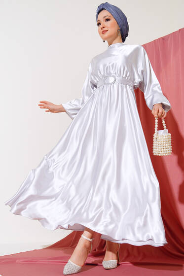 Yarasa Kol Saten Elbise Gümüş - Tesettür Elbise