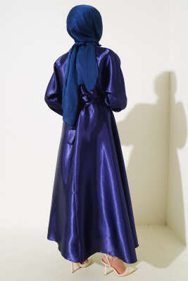 Yarasa Kol Saten Elbise Lacivert - Tesettür Elbise