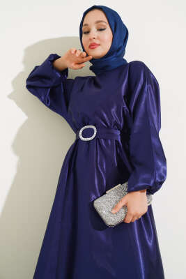 Yarasa Kol Saten Elbise Lacivert - Tesettür Elbise