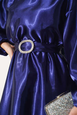 Yarasa Kol Saten Elbise Lacivert - Tesettür Elbise