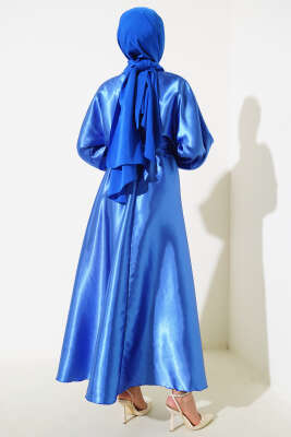 Yarasa Kol Saten Elbise Saks - Tesettür Elbise